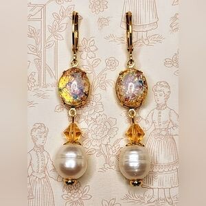 Victorian Pink Fire Opal & White Baroque Pearl In Gold Plated Drop Earrings